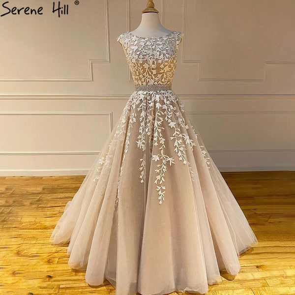 Serene Hill Champagne A-Line Sexy Prom Dresses 2025 Beaded Lace  Flower Graduation School Party Gowns LA71177