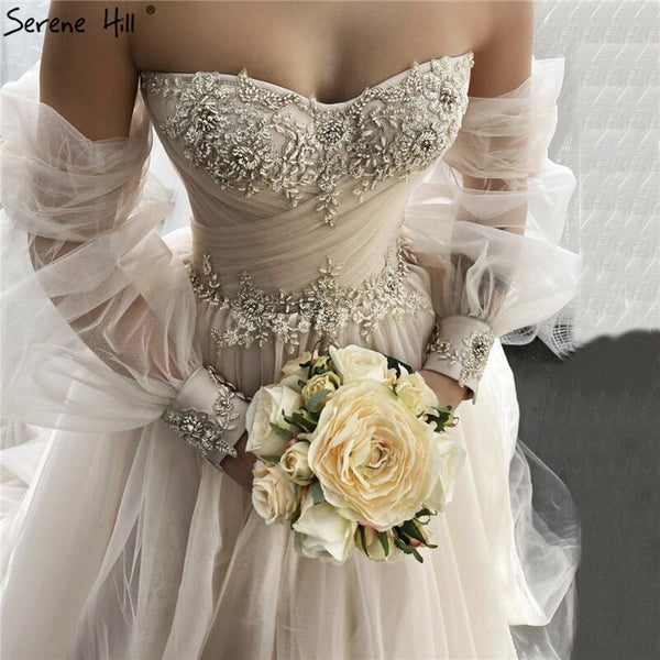 Serene Hill Champagne Lantern Sleeves Sexy Wedding Dresses 2025 Beading  Photography Bridal Gowns HA2329 Custom Made