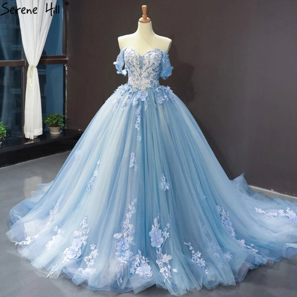 Serene Hill Clear Water Blue Evening Gowns 2025 Sleeveless Handmade Flowers Diamonds Formal Dress HM66706