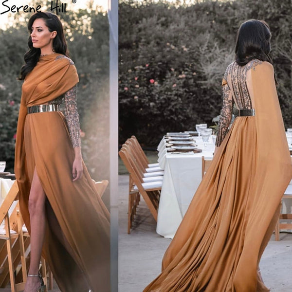 Serene Hill Designer  Soft Satin High Split Evening Dresses Gowns 2025 One shoulder Beaded A-Line For Woman Party LA70751