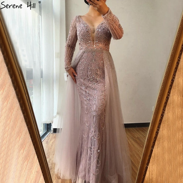 Serene Hill Dubai Grey V-NeckLong Sleeves Evening Dress 2025 Mermaid Crystal Beading Luxury Formal Party Gown CLA70433