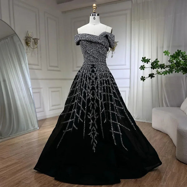 Serene Hill Elegant Black Beaded A-Line Evening Gown 2025 - Off-Shoulder Luxury Dress for Women - Long Party Dress LA72224
