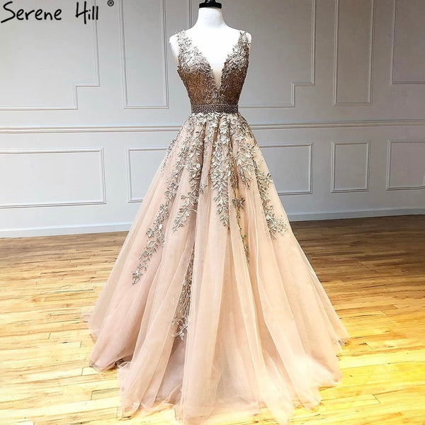 Serene Hill Gold A-Line Prom Dresses Long 2025 Lace Flower Sleeveless Sexy Graduation School Party Gown LA71220