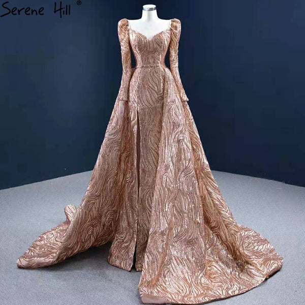 Serene Hill Gold Mermaid Luxury Evening Dresses Gowns 2025 Elegant With Train Sexy For Women Party HM67208