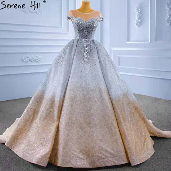 Serene Hill Gold Silver Luxury Wedding Dresses 2023 Cap Sleeve Beaded Crystal Bride Gowns HM67362 Custom Made