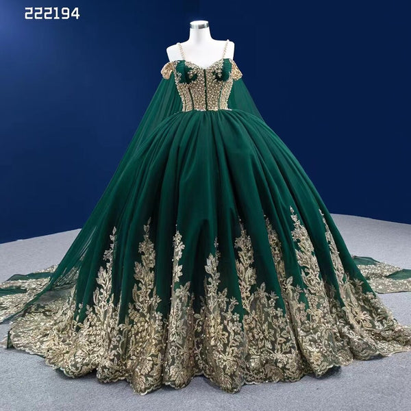 Serene Hill Green Cape Sexy Spaghetti Straps Pearls Beaded Lace Up Bride Gowns Wedding Dress 2025 High End Custom Made HM222194