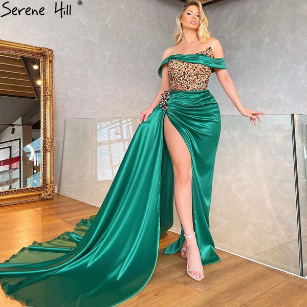 Serene Hill Green High Split Stain Evening Dresses Gowns 2025 Beaded Elegant Mermaid For Women Party LA71254