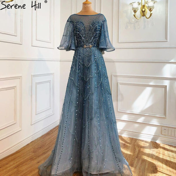Serene Hill Green Long Flare Sleeves Evening Dresses Gowns 2025 A-Line Luxury Beading For Women Party LA70822