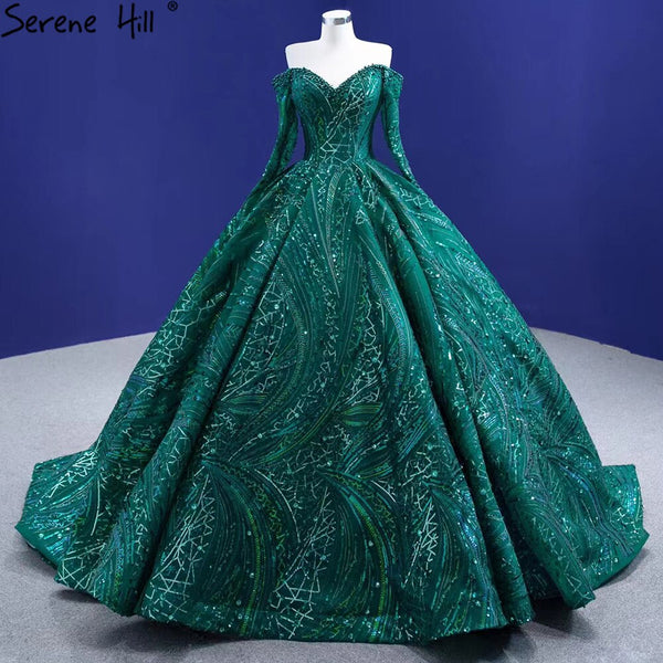 Serene Hill Green Luxury Beaded Wedding Dresses 2025 Long Sleeves High-end Bride Gowns HM67368 Custom Made