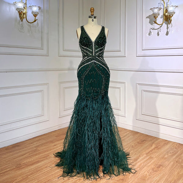 Serene Hill Green Sexy Mermaid Split Feathers Beaded Formal Arabic Luxury Prom Dress For Women Party 2025 LA71845