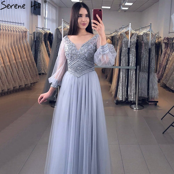 Serene Hill Grey A-Line Beaded Evening Dresses Gowns 2025 Long Lantern Sleeves Luxury For Women Party LA70964