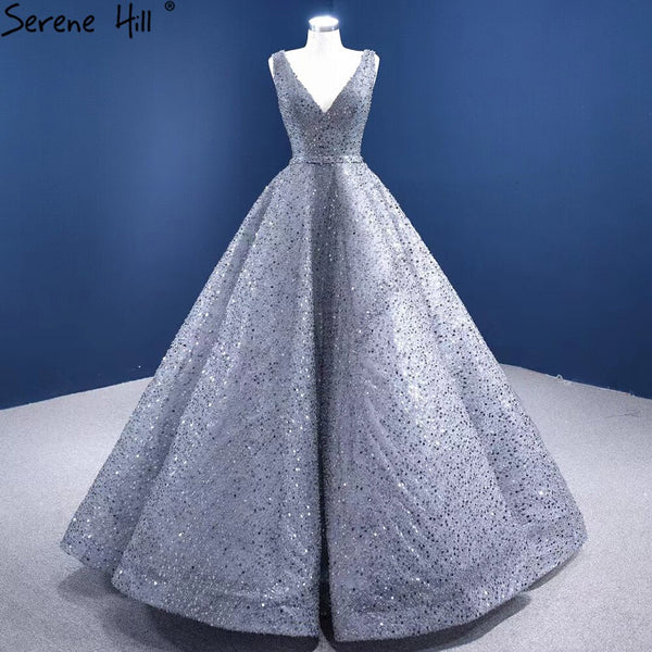 Serene Hill Grey A-Line Luxury Evening Dresses Gowns 2025 Beaded Sleeveless Lace Up For Women Party HM67288