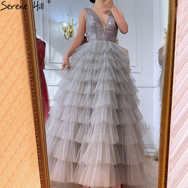 Serene Hill Grey  A-Line Luxury Evening Dresses Gowns 2025 Beading Tiered Sexy For Women Party LA70918