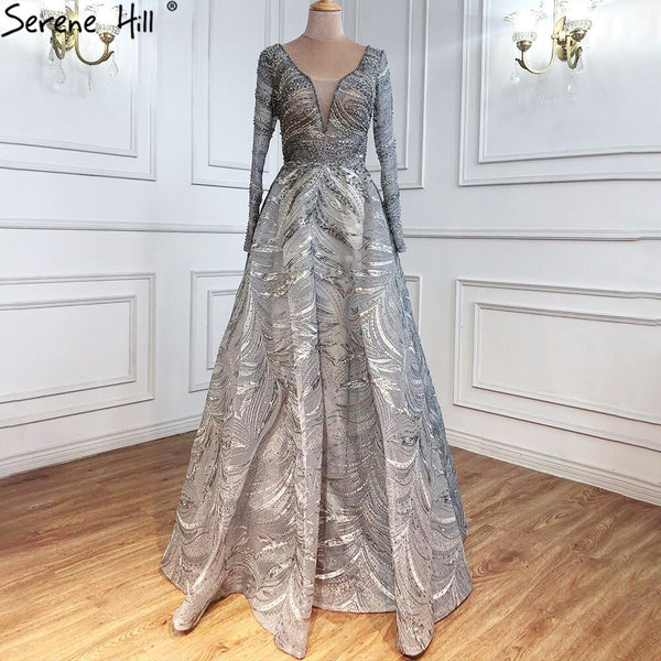 Serene Hill Grey A-Line Luxury Evening Dresses Gowns 2025 Lace Beaded Crystal Sexy For Woman Party  LA71171