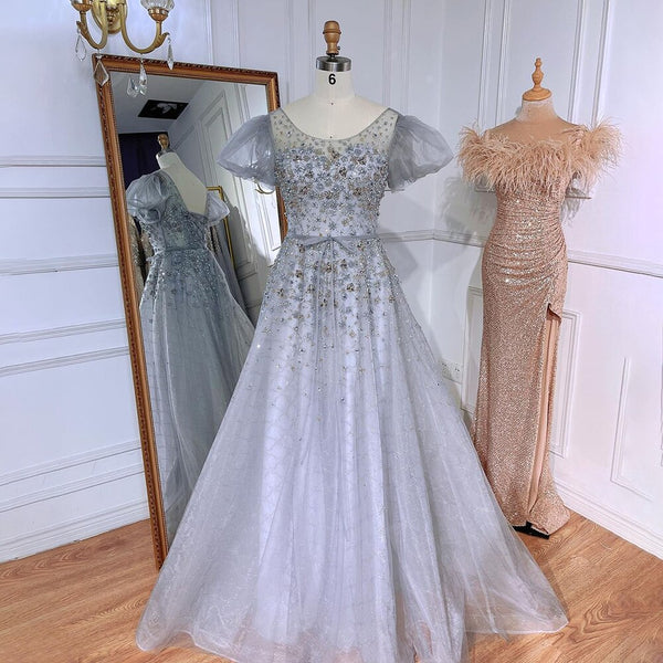 Serene Hill Grey A-Line Sexy Floor Length Beaded O Neck Luxury Evening Dresses Gowns For Women Arabic Party 2025 LA71839