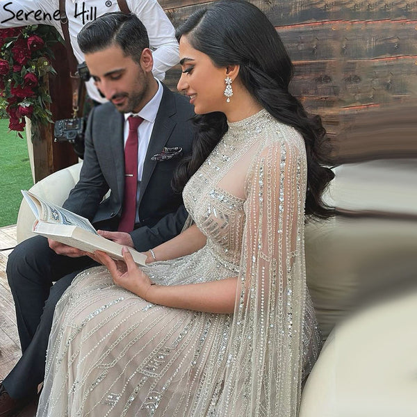 Grey Nude Arabic Evening Dresses with Cape Sleeves LA71047