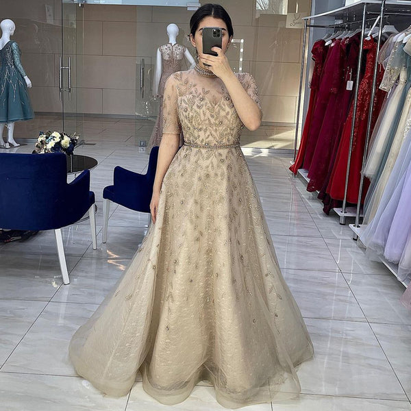 Serene Hill Grey Beaded Sparkle A-Line Evening Dresses Gowns 2025 Half Sleeves Luxury For Women Party LA71378