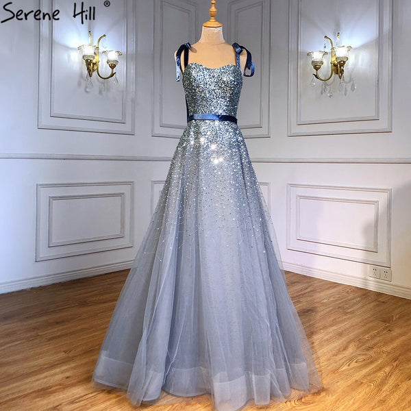 Serene Hill Grey Blue A-Line Luxury Evening Dresses Gowns 2025 Spaghetti Strap Beading Sexy For Women Party LA70888