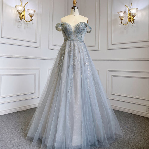 Serene Hill Grey Blue A-Line Sexy Strappy Skirt Cap Sleeve Luxury Beaded Evening Dresses Gowns 2025 For Women Party LA71740