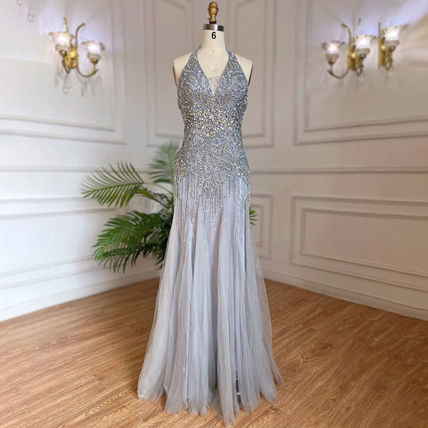 Serene Hill Grey Floor Length Mermaid Sexy Halter Crystal Tassel Beaded Arabic Evening Dresses 2025 Gowns For Woman LA6151