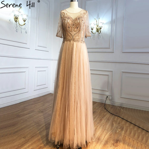 Serene Hill Grey Half Sleeves Luxury Evening Dresses Gowns 2025 Beading A-Line Sexy For Women Party LA70909