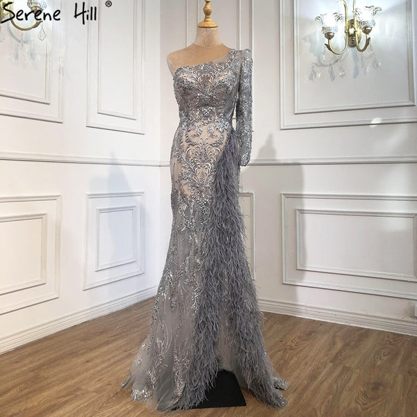 Serene Hill Grey High Split Mermaid Sexy Evening Dresses 2025 One Shoulder Beading Feathers Formal Dress Design LA70691