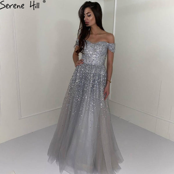 Serene Hill Grey Luxury A-Line Evening Dresses Gowns 2025 Beaded Bling Sexy For Women Wedding Party LA70802