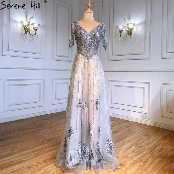 Serene Hill Grey Luxury A-Line Evening Dresses Gowns 2025 Short Sleeves Beaded Lace Up For Women Party LA71379
