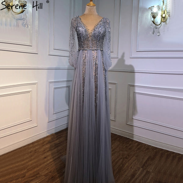 Serene Hill Grey Luxury A-Line Sexy Evening Dresses Gowns 2025 Diamond Beading Elegant For Women Party LA70788