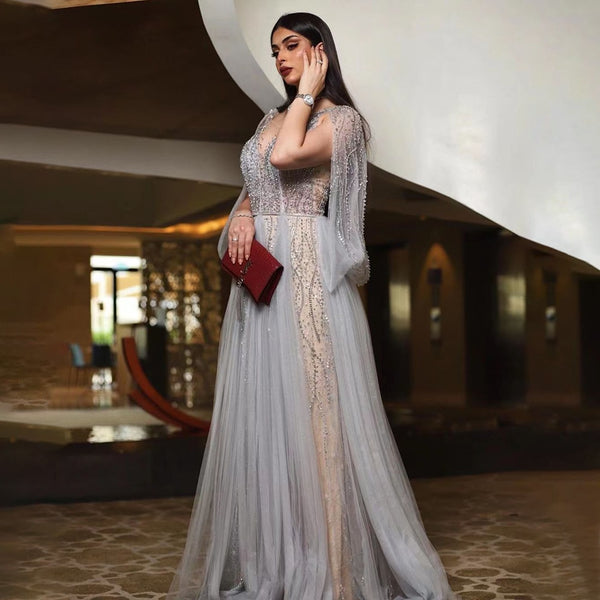 Serene Hill Grey Luxury A-Line Sexy Evening Dresses Gowns Diamond Beaded Elegant 2025 For Women Party LA70788