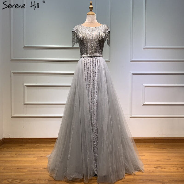 Serene Hill Grey Luxury With Train Evening Dresses Gowns 2025 Beading Tassel Cap Sleeve For Woman Party LA60874