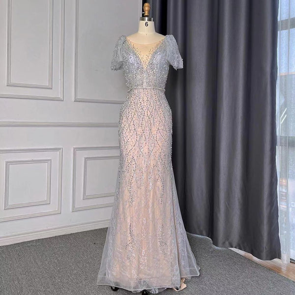 Serene Hill Grey Mermaid Elegant Avond Jurken 2025 Luxe Kralen O-hals Korte Voor Vrouwen Party LA71697