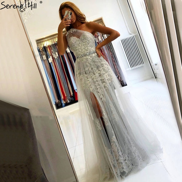 Sale Serene Hill Grey Mermaid Elegant Evening Dresses Gowns 2025 One Shoulder Lace Sexy Pearls For Women Party LA70635