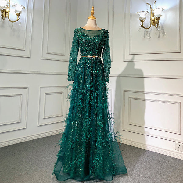 Serene Hill Grey Mermaid Elegant Evening Dresses Gowns 2025 Long Sleeves Luxury Feather Beading For Women Party LA70968