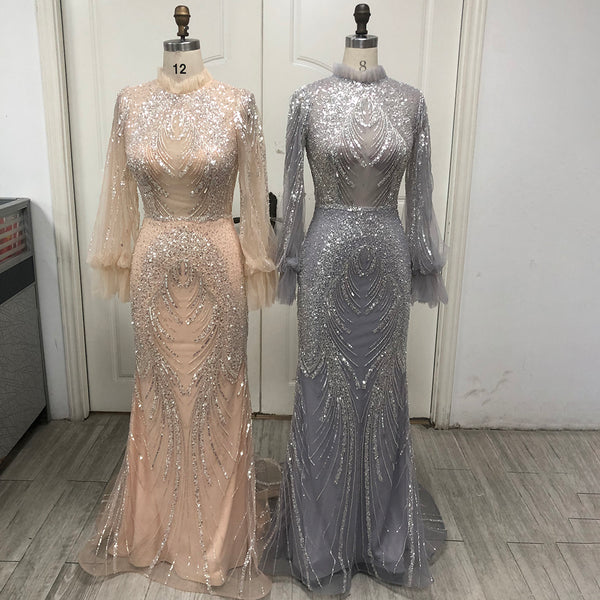 Serene Hill Grey Mermaid Elegant High Neck Evening Dresses Gowns 2025 Full Sleeves Beaded Luxury For Women Party LA71609