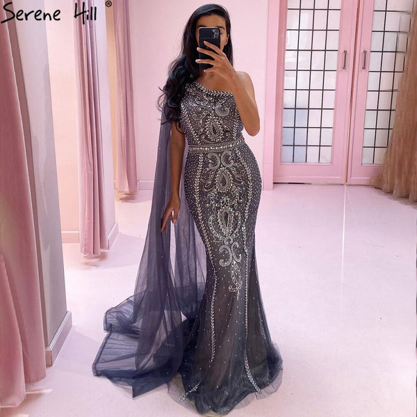 Serene Hill Grey Mermaid Luxury Evening Dresses Gowns 2025 Elegant One Shoulder Beaded For Women Party LA71270