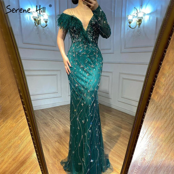 Serene Hill Grey Mermaid Luxury Evening Dresses Gowns 2025 Feather Beaded Elegant For Women Party LA71174