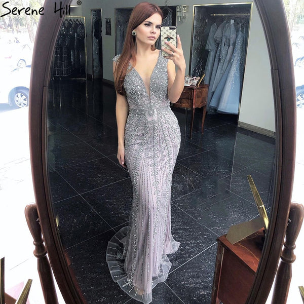 Serene Hill Grey Mermaid Luxury Evening Dresses Gowns Beading Crystal Elegant Sexy For Women Party LA70849