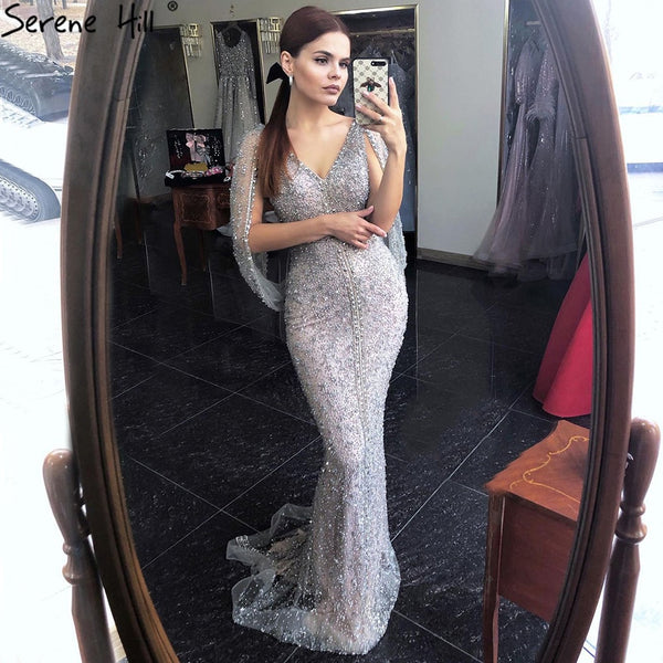 Serene Hill Grey Mermaid Luxury Sparkle Evening Dresses Gowns Elegant Beading Crystal Sexy For Women Party LA70847