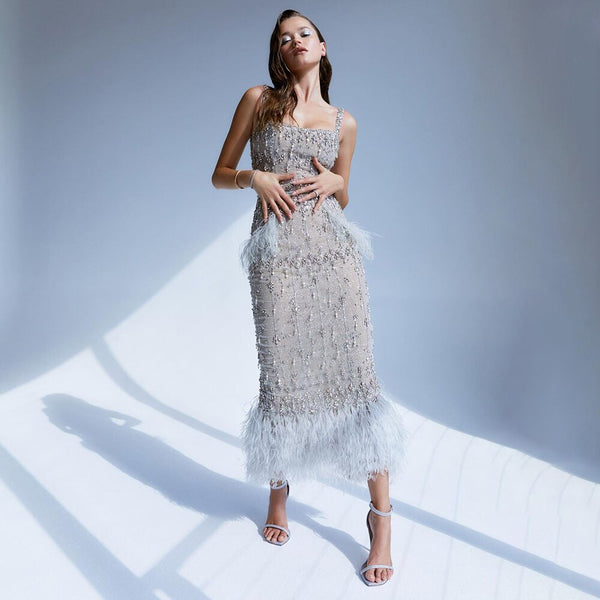 Serene Hill Grey Mermaid Midi Length Evening Dresses Gowns Beaded Sexy Feather Rear Leg Split 2025 For Women Party LA71669