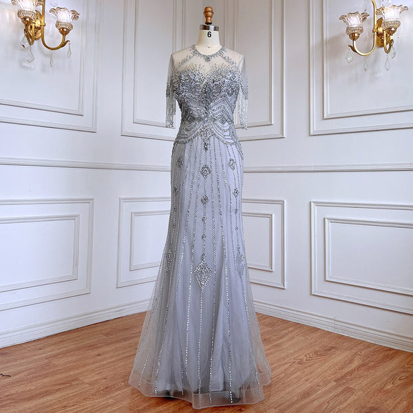 Serene Hill Grey Mermaid O-Neck Short Sleeves Elegant Beaded Luxury Tassel Dubai Evening Dresses Gowns For Women Party 2025 LA70646