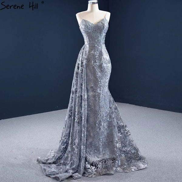 Serene Hill Grey Mermaid Sexy Evening Dresses 2025 Handmade Flowers Beading Sleeveless Formal Dress HM67181