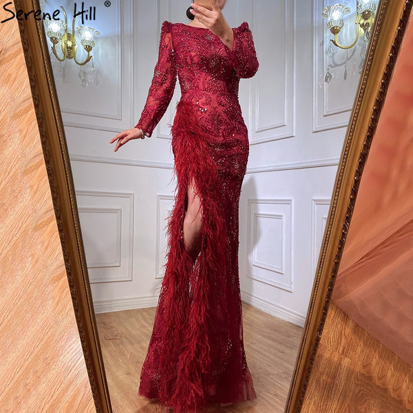 Serene Hill Grey Mermaid Split Luxury Evening Dresses Gowns 2025 Elegant Beadings Feathers Formal Women Party LA70828