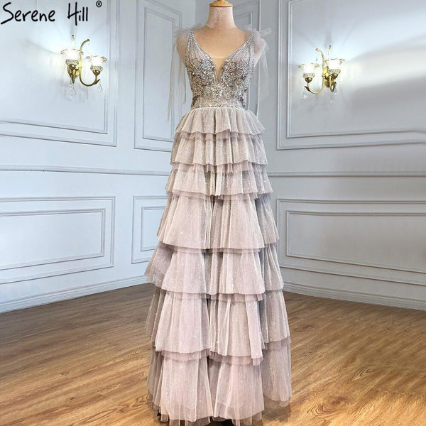 Serene Hill Grey Nude A-Line Evening Dresses 2025 Luxury Beaded Tiered Sexy For Women Wedding Party LA71228