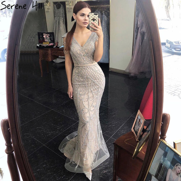 Serene Hill Grey Nude Mermaid Elagant Luxury Evening Gowns 2025 Beading Backless Sexy For Women Party  LA70799