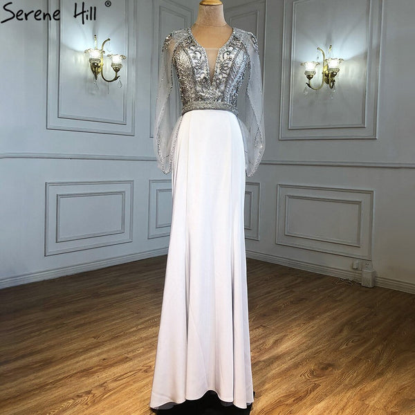 Serene Hill Grey Satin Mermaid Evening Dresses Gowns 2025 Beaded Elegnat Sexy For Women Party LA71233