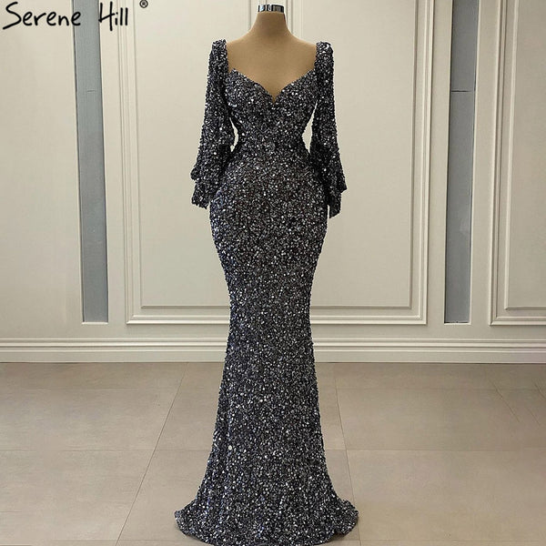 Serene Hill Grey Sliver Luxury Evening Dresses Gowns 2025 Elegant Sexy Flared Sleeves For Woman Party LA71178