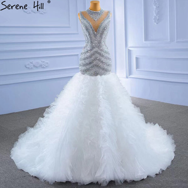 Serene Hill Grey White Mermaid Wedding Dresses 2025 Luxury Beaded Ruffles Elegant Bride Gowns HM67295 Custom Made