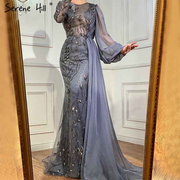 Serene Hill Grey With Overskirt Mermaid Evening Gowns Dresses Luxury Beaded Elegant  For Woman Party LA71066