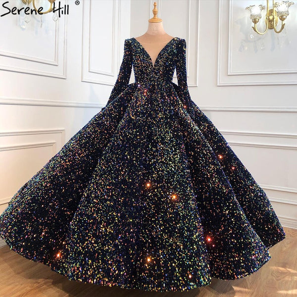 Serene Hill Indigo Blue Gold Luxury Wedding Dresses 2025 Sequined Long Sleeves Bride Dress Plus Size Women HA2466 Custom Made
